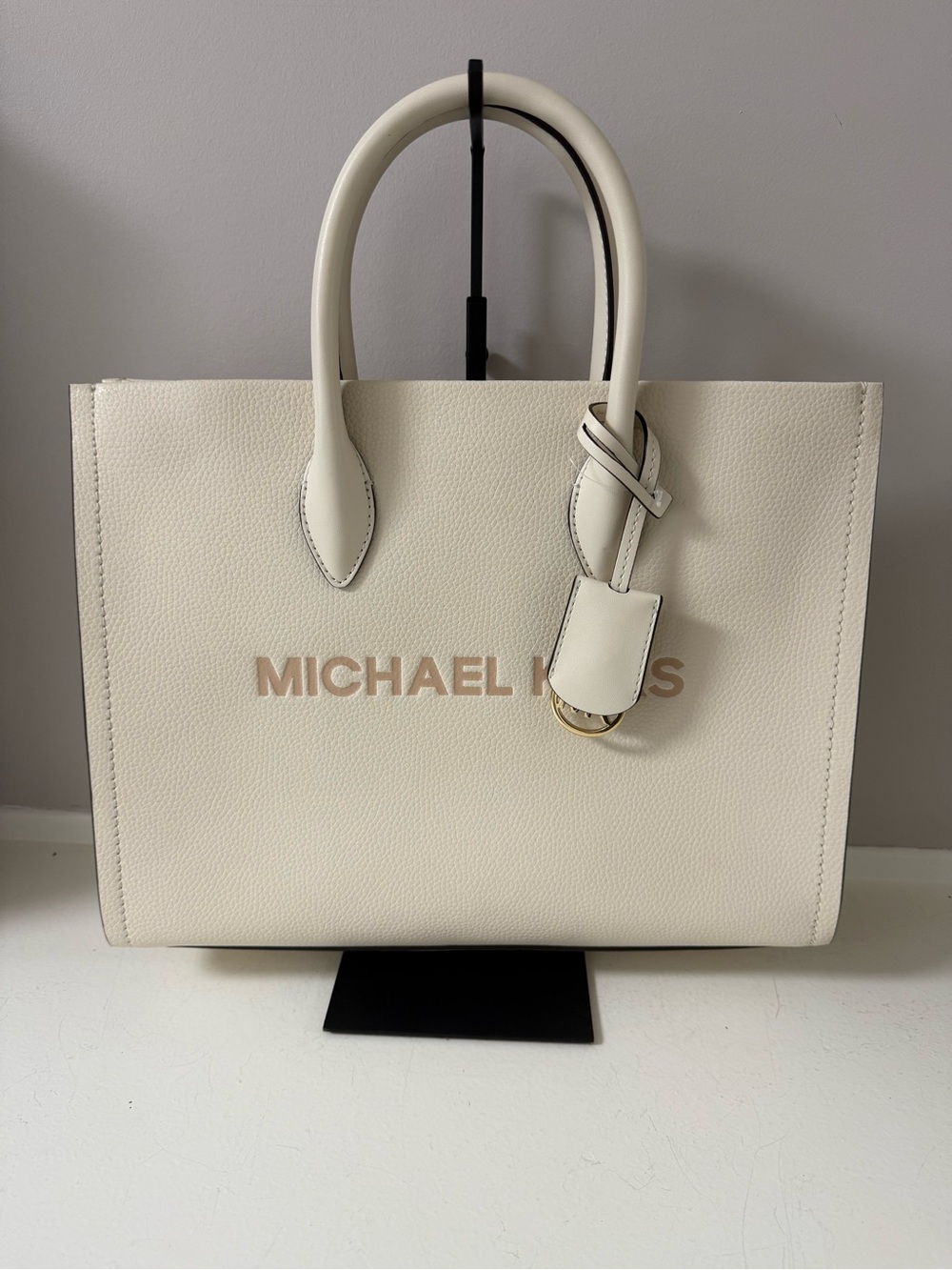 MICHAEL KORS Cream Leather Logo Tote with Top Handles